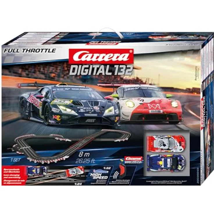 Carrera DIGITAL 132 Full Throttle, Slotracing-Set mit 8 Meter Streckenlänge, inkl. Lamborghini Huracán GT3 Evo2 und Porsche 911 GT3 R, Wireless Controller, für bis zu 6 Fahrer – Bild 1