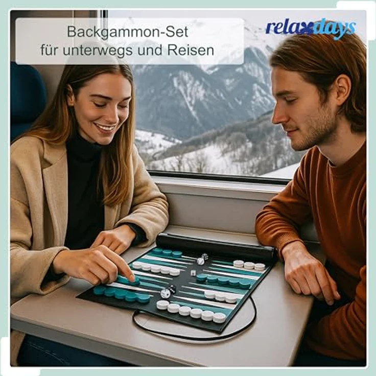 Relaxdays Backgammon zum Aufrollen, Reise-Brettspiel in schwarzer Lederoptik mit integrierter Tasche für Spielsteine und Würfel – Bild 2