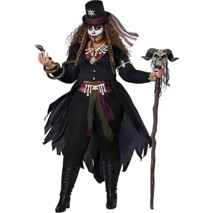 Metamorph Voodoo Mistress Kostüm, XXL, frackähnlicher Mantel mit roter Weste, Zylinderhut und Halskette in Form einer Affenhand