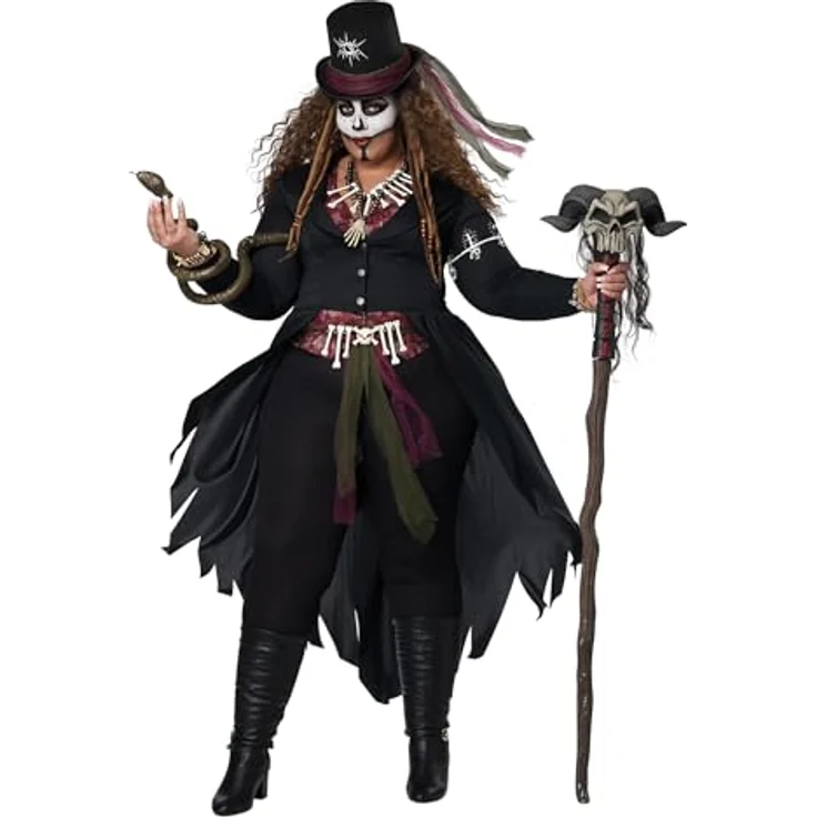 Metamorph Voodoo Mistress Kostüm, XXL, frackähnlicher Mantel mit roter Weste, Zylinderhut und Halskette in Form einer Affenhand – Bild 1