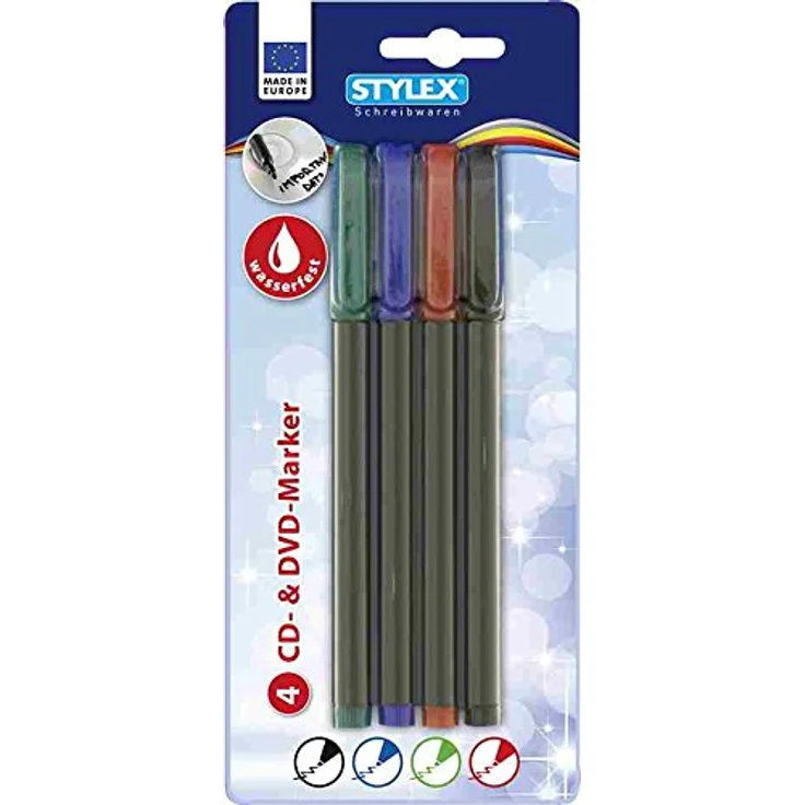 Stylex 4 CD/DVD Marker Textmarker, wasserfest, rot, grün, schwarz und blau