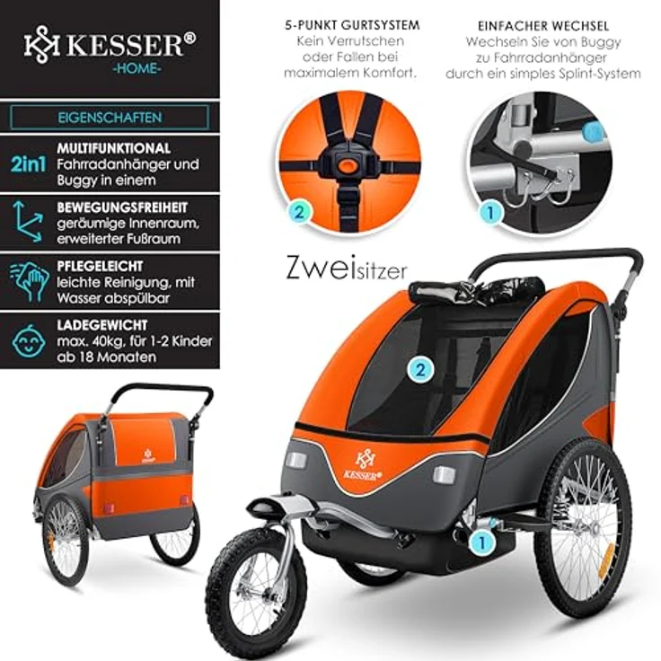KESSER® Kinderanhänger 2in1 Fahrradanhänger mit 360° Drehfunktion, Federung, 5-Punkt Gurt für 1-2 Kinder bis 40kg, inkl. Warnfahne, Orange – Bild 2