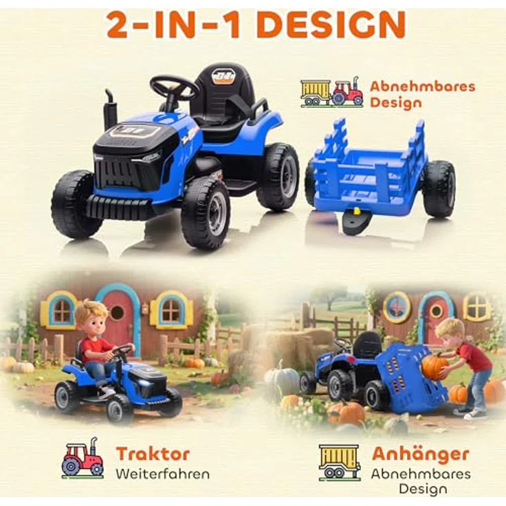 AIYAPLAY Elektrischer Kinder Traktor mit Anhänger, 2 Motoren, Fernbedienung, 3-Gang, Musik und Hupe, Sanftstart, für 3-8 Jahre, Blau – Bild 4