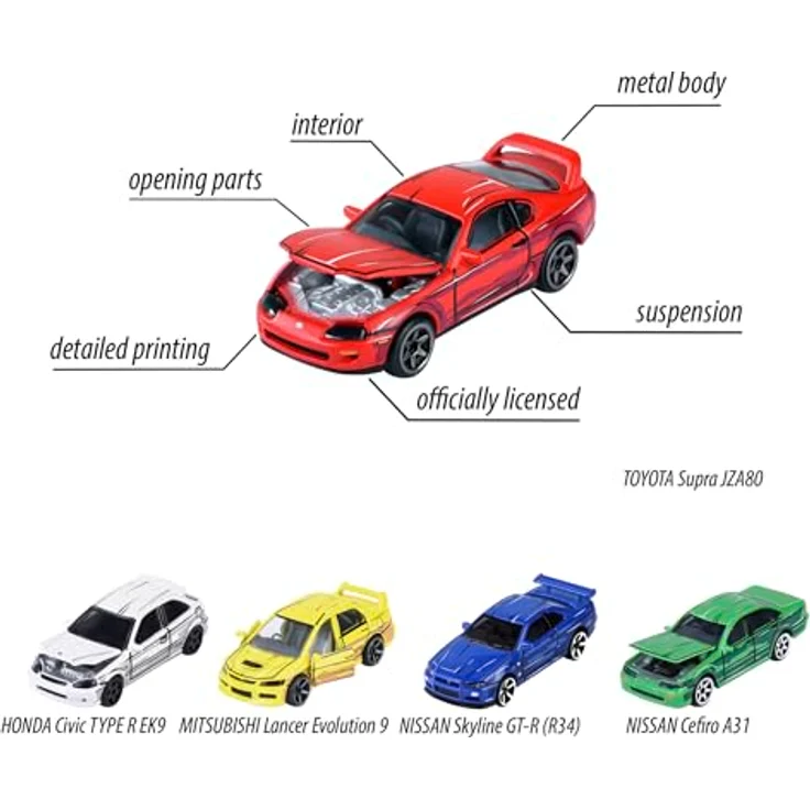 Majorette Japan Series - Auto-Set mit 5 Spielzeugautos aus Metall im Anime-Stil, je 7,5 cm, inklusive Honda Civic TYPE R (weiß), Nissan Cefiro (grün), Nissan Skyline GT-R (blau), Toyota Supra (rot), Mitsubishi Lancer (gelb), mit Freilauf, Federung & öffnendem Teil, für Sammler und Kinder ab 3 Jahre – Bild 4