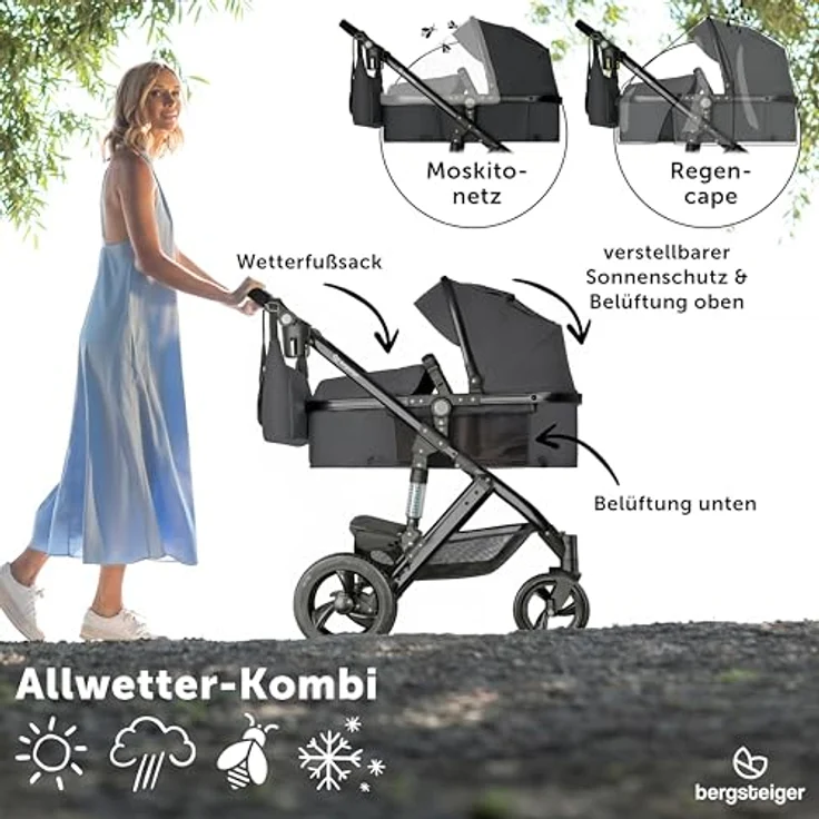 Bergsteiger Nizza 3 in 1 Kinderwagen, Kombikinderwagen Komplettset, Babywanne & Buggy Sportsitz inklusive, Auto-Babyschale & Isofix Station optional, grau – Bild 5