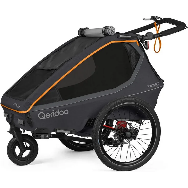 Qeridoo Kidgoo 2 Sport FIDLOCK Edition, Fahrradkinderanhänger für 2 Kinder, Buggy, Jogger, ab 6 Monate bis 6 Jahre, 360° Belüftung, Scheibenbremse, verstärkter Alu-Rahmen, 38L Gepäckplatz