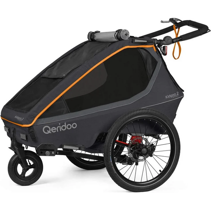 Qeridoo Kidgoo 2 Sport FIDLOCK Edition, Fahrradkinderanhänger für 2 Kinder, Buggy, Jogger, ab 6 Monate bis 6 Jahre, 360° Belüftung, Scheibenbremse, verstärkter Alu-Rahmen, 38L Gepäckplatz