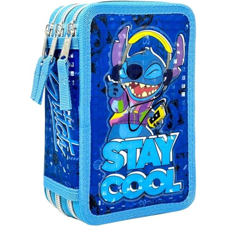 Clondo Dreifach Gefüllt Federmäppchen für Kinder, 44 Schulutensilien, 3 Reißverschlüsse, für Stitch Fans, blau – Bild 1