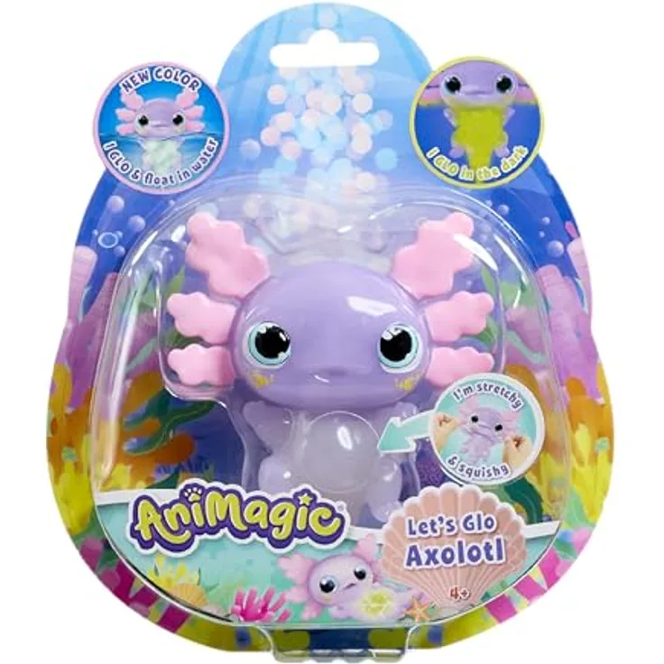 Animagic Let’s Glo Axolotl – Elektronisches Hundekuscheltier in Lila Pastell, schwimmend und leuchtend im Wasser, für Kinder ab 4 Jahren mit sensorischem Spiel und taktilem Erlebnis
