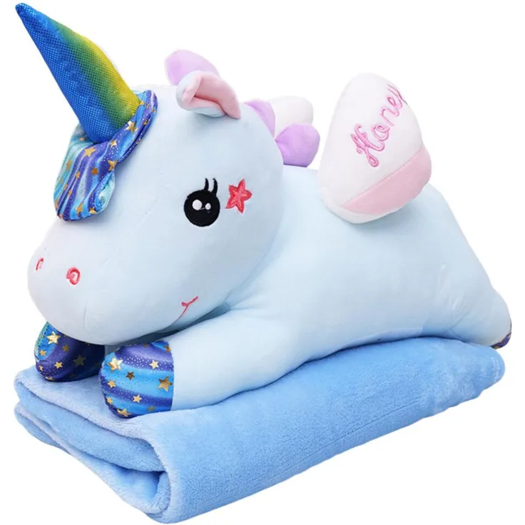 LEAN Toys 27928 Plüsch-Einhorn mit 3-in-1-Decke, 160 × 110 cm, blau - vielseitiges Kuscheltier für Kinder mit modernem Design und robuster Verarbeitung