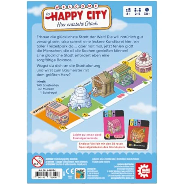 Game Factory 646084 Happy City, Legespiel ab 8 Jahren, Familienspiel für 2-5 Spieler, Kartenspiel, Stadtbau – Bild 3