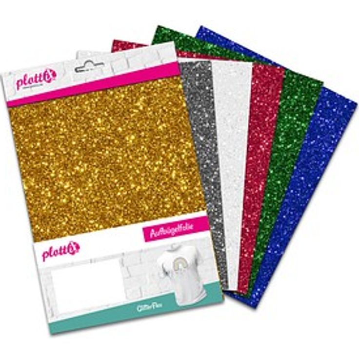 plottiX GlitterFlex Aufbügelfolie, 6er Set in Glitzer-Farben, 20 x 30 cm für Textilien