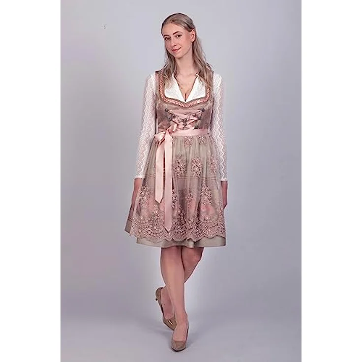 Edelnice Rosalie Dirndl, goldenes Brokatstoff mit rosé Rosenmuster, handgefertigtes Charivari – Bild 4