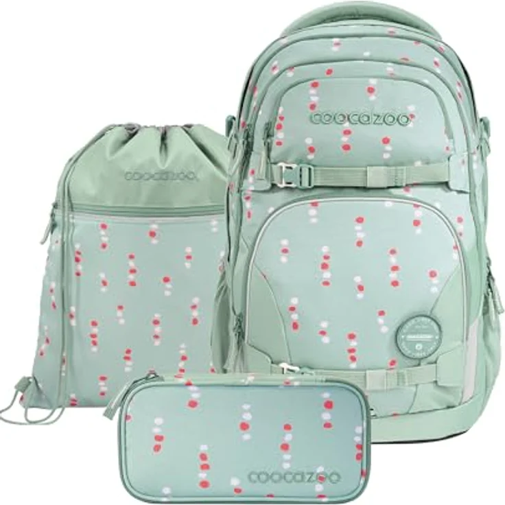 Coocazoo Schulrucksack-Set Porter „Dancing Dots“, 3-teilig, ergonomischer 35L Tornister in Mint, mit Brust- und Hüftgurt, inkl. Schlampermäppchen und Turnbeutel – Bild 1