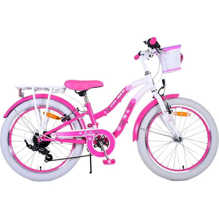 Volare Kinderfahrrad 20 ZOLL Mädchen Rad LOVELY 7 Gänge 22122, 7 Gang Shimano, Kettenschaltung, 7 Gänge, Korb, Seitenständer, Gepäckträger - Rosa Weiß