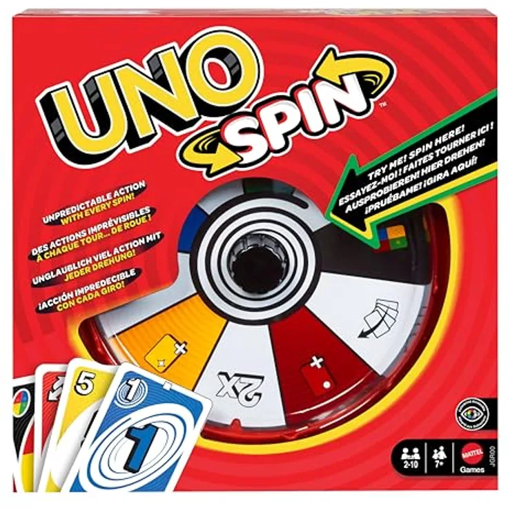 Mattel Games UNO Spin, Kartenspiel mit Drehscheibe, neue Herausforderungen und Regeln für Familienabende, ab 7 Jahren, JGR00
