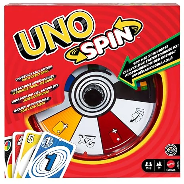 Mattel Games UNO Spin, Kartenspiel mit Drehscheibe, neue Herausforderungen und Regeln für Familienabende, ab 7 Jahren, JGR00 – Bild 1