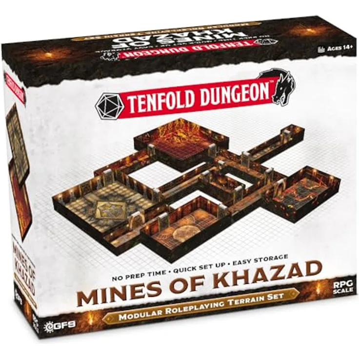 Gale Force Nine Tenfold Dungeon - Mines of Khazad, 3D-Karton-Gaming-Gelände mit 12 Räumen, 20 Türen, 4 kleinen Türen und 1 Lavastrube, schwereloses und transportables Design, ab 15 Jahren