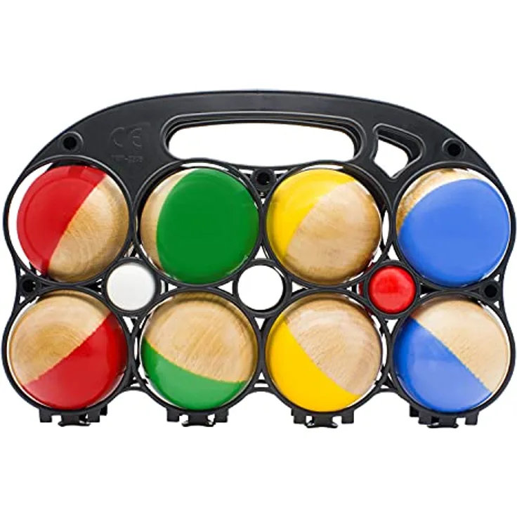 GICO Boccia Spiel aus Massivholz, 8 lackierte Kugeln mit 7 cm Durchmesser, inkl. 2 Zielkugeln und Tragenetz - Made in EU - 3011