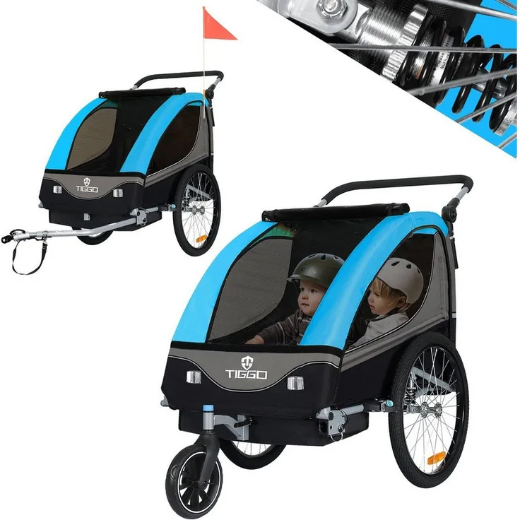 TIGGO Fahrradkinderanhänger Kinderanhänger 2 in 1 inklusive Joggerkit, für 1-2 Kinder, in Rot, Grün oder Blau - Preisvergleich