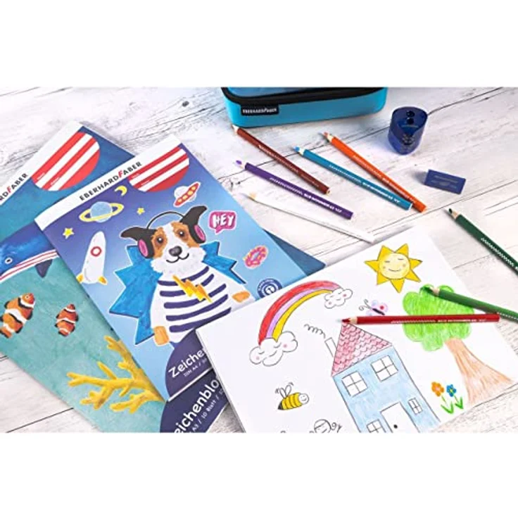 Eberhard Faber Schulstarter Box 560141, inklusive Colori Buntstiften, Winner Deckfarbkasten, A4 Zeichenblock, Wasserbox und Pinsel Set in Blau – Bild 5