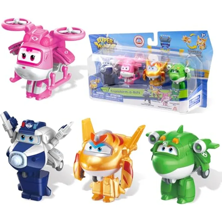 Super Wings Transform-a-Bots 4 Pack, 4 Sammelfiguren (S5 Paul, Dizzy, Golden Boy, Mira) in Rosa, Gelb, Blau, Grün - 2 Zoll Verwandlungsspielzeug für Kinder ab 3 Jahren
