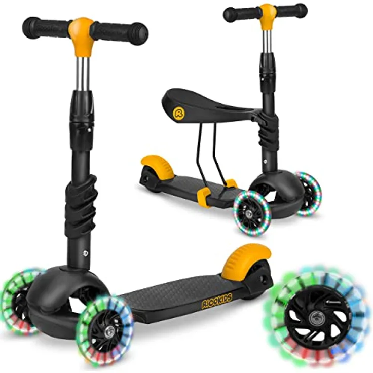 Ricokids 3-in-1-Laufroller für Kinder, Dreirädriger Scooter mit verstellbarem Sitz und Lenker, drei große Räder, rutschfeste Plattform, Farbe: Schwarz, für Kinder ab 3 Jahren, max. Gewicht 30 kg