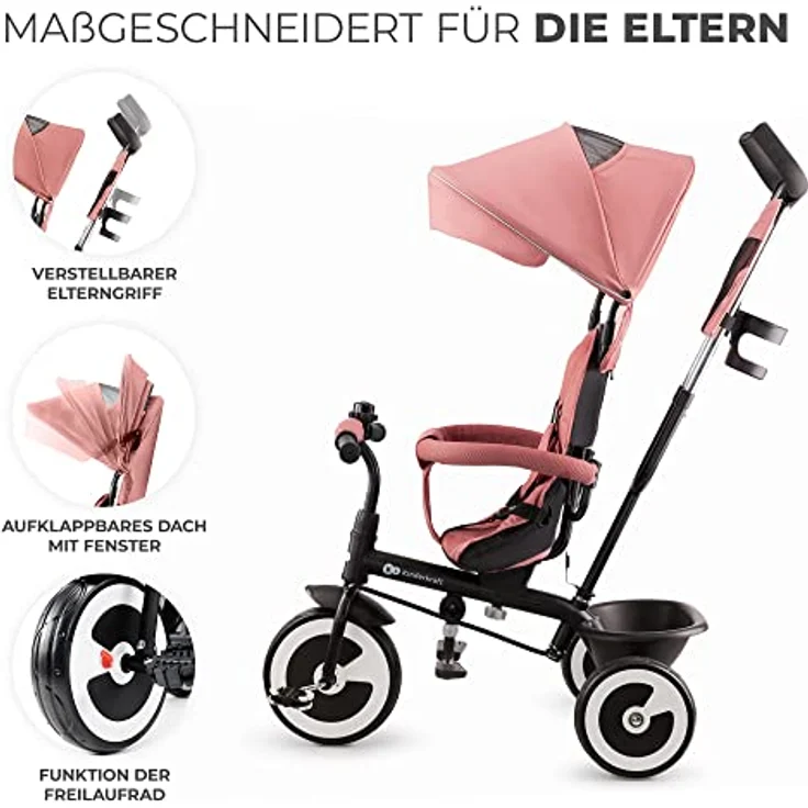 kk Kinderkraft ASTON Dreirad ab 9 Monate bis 25 kg, Kinderdreirad mit schubstange, drehbarer Sitz Vorwärts und Rückwärtsfahrt, ausklappbarem Verdeck mit sonnenschutz, Getränkehalter korb im set, Rosa – Bild 4