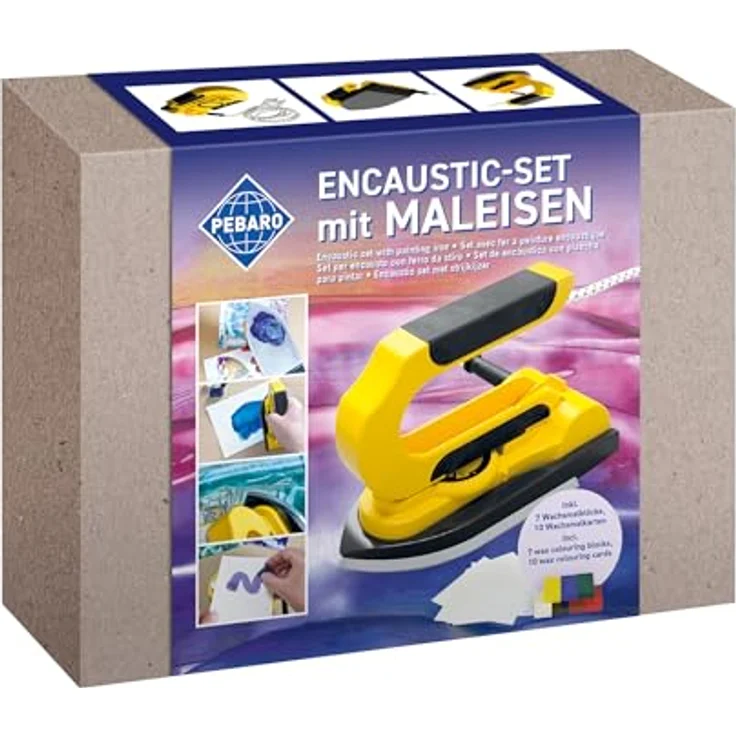 Pebaro 0274 Encaustic Maleisen Set, Bügeleisen zum Wachsmalen mit 7 Wachsmalblöcken, 10 weißen Karten (5 A5, 5 DIN A6), gelb, 200W, 22 x 6 x 16 cm – Bild 2