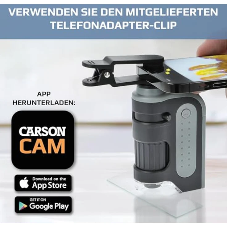 CARSON MicroBrite Pro MM-350, Taschenmikroskop mit 60-120x Vergrößerung und LED-Beleuchtung, inkl. Smartphone-Adapterclip – Bild 3
