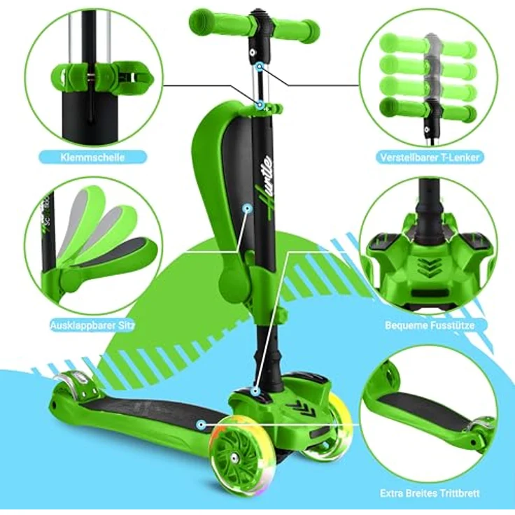 Hurtle Kinderscooter ScootKid, 3-Rad Roller mit Klapp- & Abnehmbarem Sitz, großen Rädern, LED-Lichtern und verstellbarem Lenker für Kinder bis 60kg – Bild 5
