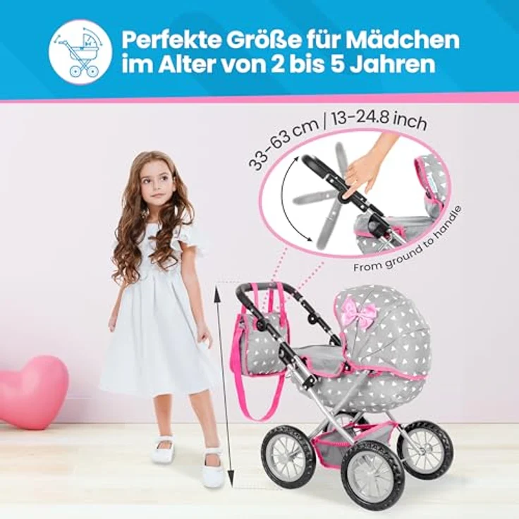 Kinderplay Puppenwagen ab 2 Jahre, Puppenbuggy ab 2 Jahre - Leichte und Stabile Konstruktion, Puppenwagen ab 1 Jahr, Höhenverstellbar von 33 bis 63 cm (KP0262S) – Bild 3