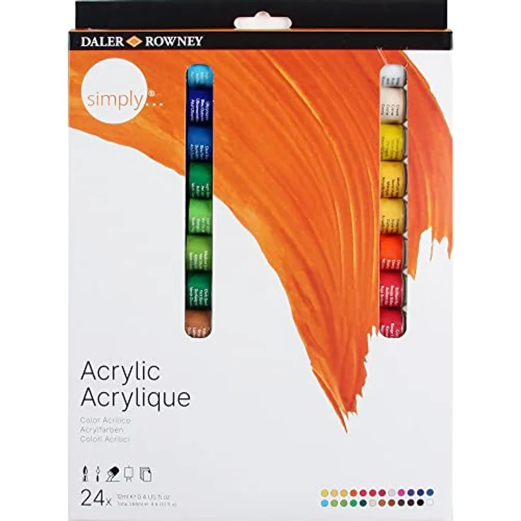 Daler Rowney Simply Acrylfarben Set, 24 Tuben à 12 ml, wasserverdünnbare Farben, hohe Lichtechtheit, Multi-Farben – Bild 1