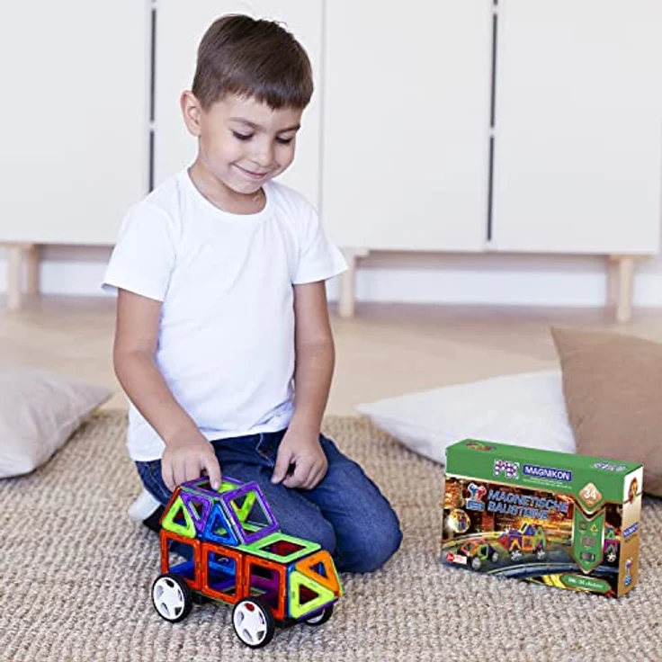 MK MAGNIKON Magnet Bausteine MK-34, Magnetische Bauklötze Set mit 34 Teilen und Rädern, innovatives Konstruktionsspielzeug für Kinder ab 3 Jahren – Bild 4