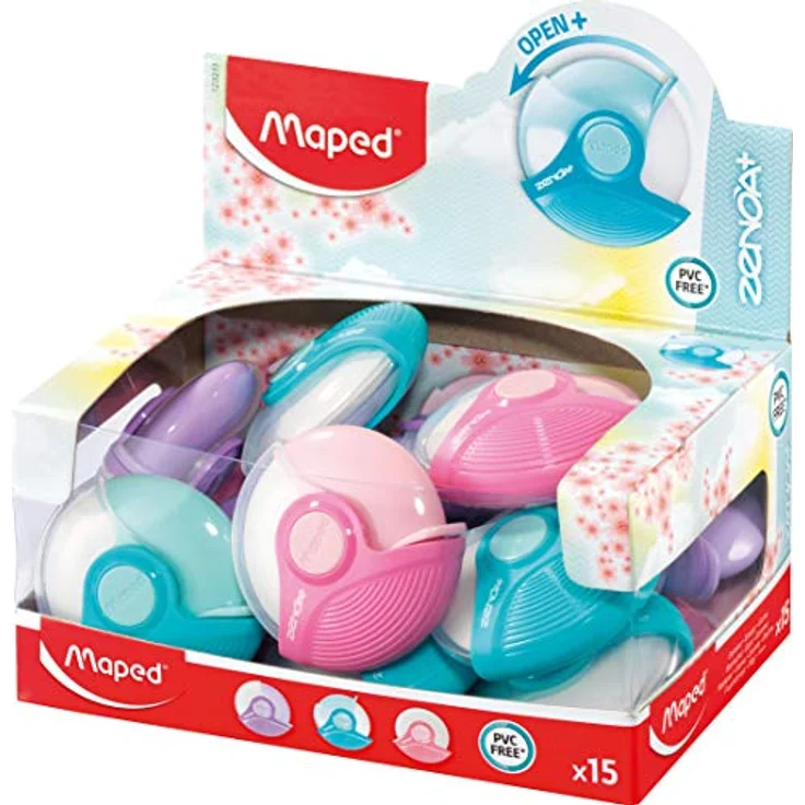 Maped Zenoa Plus Radiergummi Plus, farblich sortiert in Pastell-Farben, 15 Stück im drehbaren Etui, PVC-frei und phthalatfrei – Bild 1