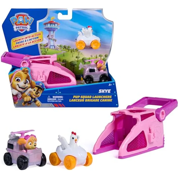 Paw Patrol PAW Pup Squad Launcher Skye & Henrietta, 2er Set mit 6 cm Pup Squad Racers und Schlüsselverschluss-Speicher