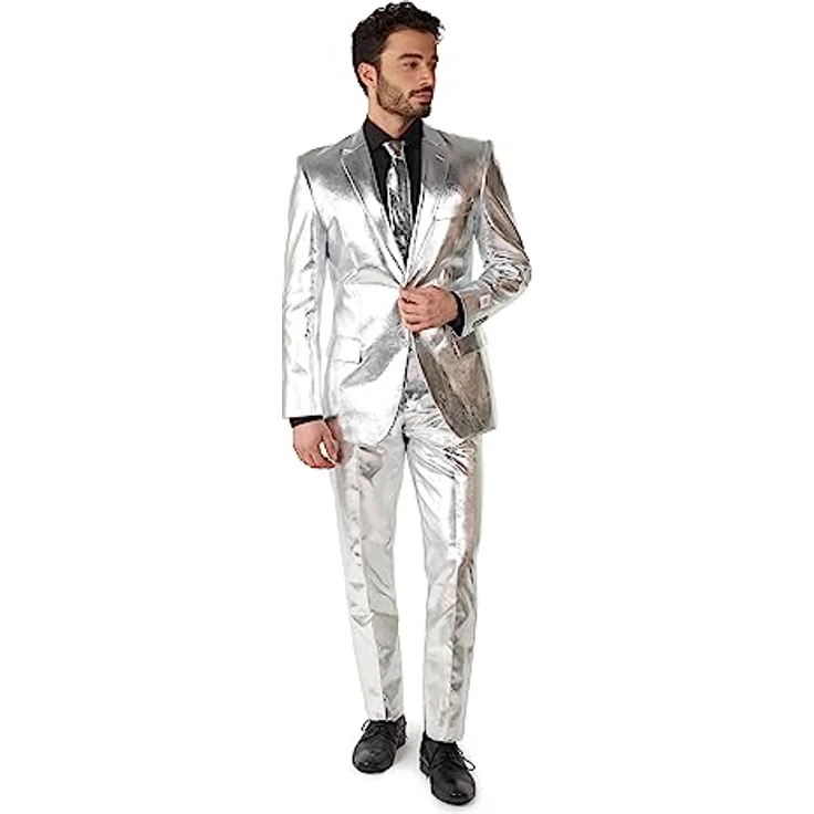 OppoSuits Shiny Silver (62), Anzugset mit Slim-Fit-Schnitt, silberfarben, inkl. Jacket, Hose und Krawatte – Bild 1