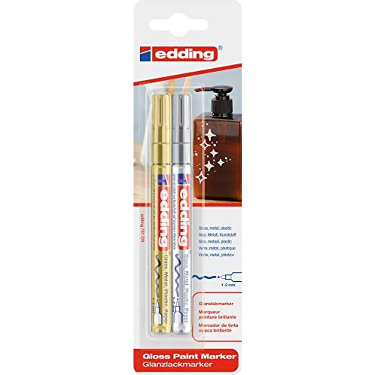 edding 751 Glanzlackmarker - gold, silber - Packung mit 2 Lackmarkern - Rundspitze 1-2 mm - Lackstift für Glas, Stein, Holz, Kunststoff und Papier - wasserfest, stark deckend – Bild 2