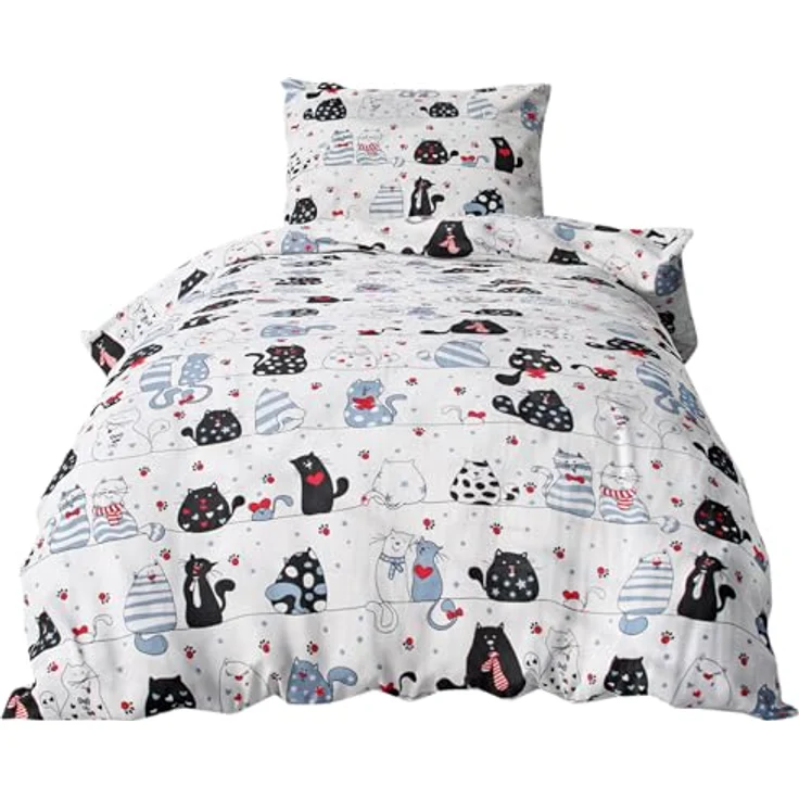 2-teilige Renforcé Kinder Bettwäsche 135x200cm und 80x80cm - Katzen, Pfoten, Herzen - 100% Baumwolle, Bettgarnitur (KY-Katzen-Weiß) – Bild 3
