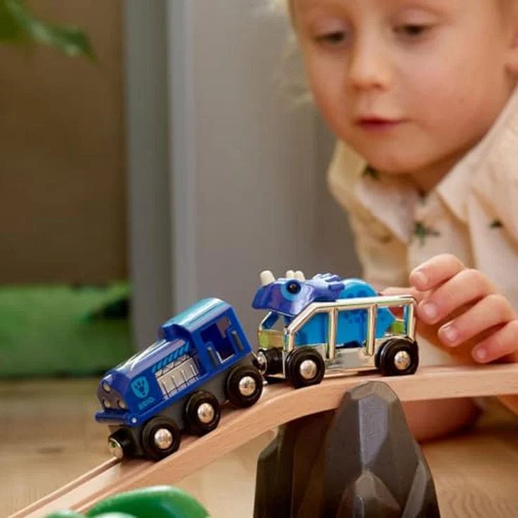 BRIO® Spielzeug-Zug BRIO® WORLD - Sondereditionszug (2025) mit blauer Triceratops-Figur und glänzendem Finish in Silber und Blau – Bild 3