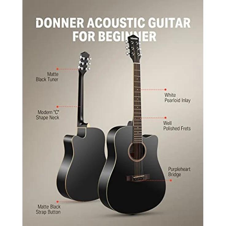 Donner Akustikgitarre Set in voller Größe Akustik Gitarre 4/4 Cutaway Anfänger Erwachsene 41 Zoll mit Gigbag Capo Plektren Gurt Saiten (Schwarz） – Bild 2