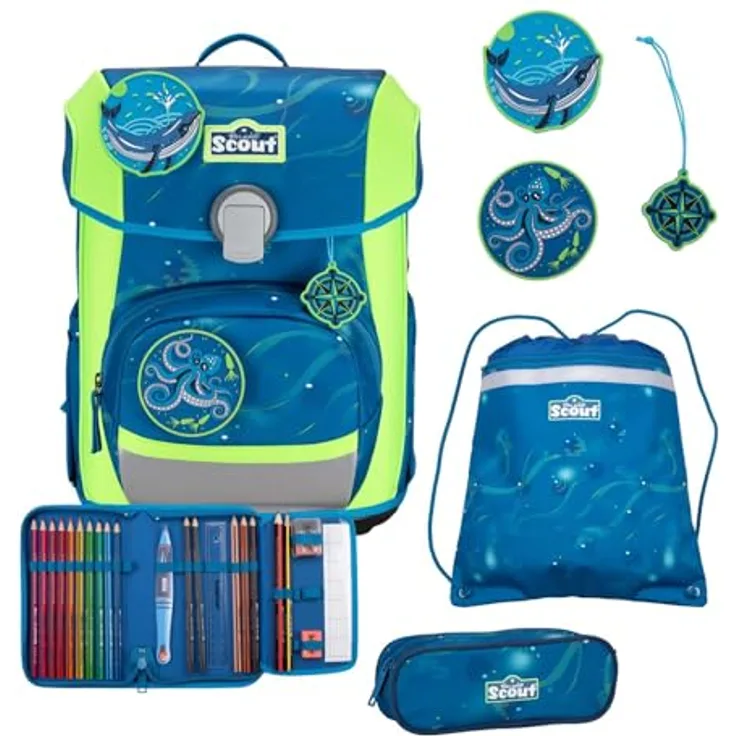 Scout Schulranzen Scout Neo Set Deep Sea, ergonomisch mit hervorragender Sichtbarkeit, inklusive Sportbeutel und Federmäppchen