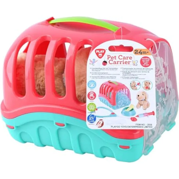 Playgo Tier-Reisekäfig mit 7 Zubehörteilen und Kuscheltier-Welpe, für Kinder ab 2 Jahren