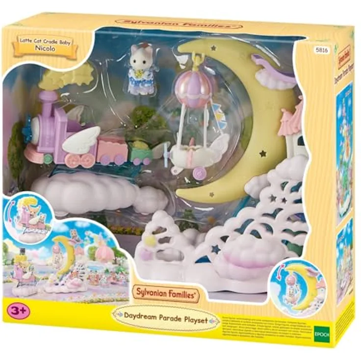 Sylvanian Families Magisches Luftschiff mit Milchkatzen-Babyfigur, inklusive beweglicher Figuren und Kombinationsmöglichkeit mit Regenbogenzug