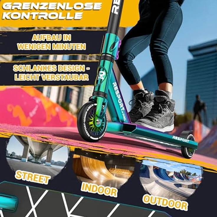RE:SPORT Stunt Scooter REVO PRO, inkl. Ständer, 110mm PU Wheels, ABEC 9 Kugellager, Profi Trickroller für Kinder & Erwachsene, Y-Bar Design – Bild 4