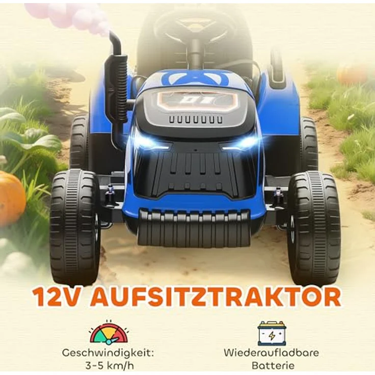 AIYAPLAY Elektrischer Kinder Traktor mit Anhänger, 2 Motoren, Fernbedienung, 3-Gang, Musik und Hupe, Sanftstart, für 3-8 Jahre, Blau – Bild 3