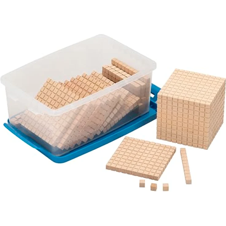 Betzold Zehnersystemsatz, Lernspielzeug aus massiver Buche für Mathematik mit 100 Einerwürfeln, 20 Zehnerstangen, 10 Hunderterplatten und 1 Tausenderblock – Bild 1