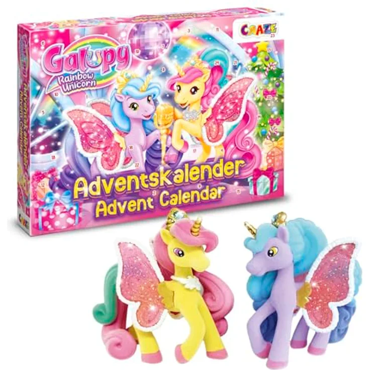 CRAZE GALUPY Rainbow Unicorn Spielzeug Adventskalender – Einhorn Adventskalender mit 2 exklusiven Figuren, DJ-Musikset und DIY Krone, 24 Überraschungen