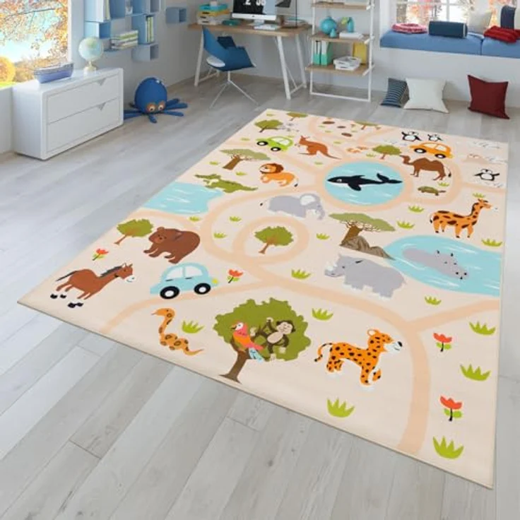 TT Home Kinderteppich, rutschfest für Babyzimmer und Kinderzimmer, Tiere und Weltkarte, Grün Gelb Creme, 100x200 cm – Bild 1