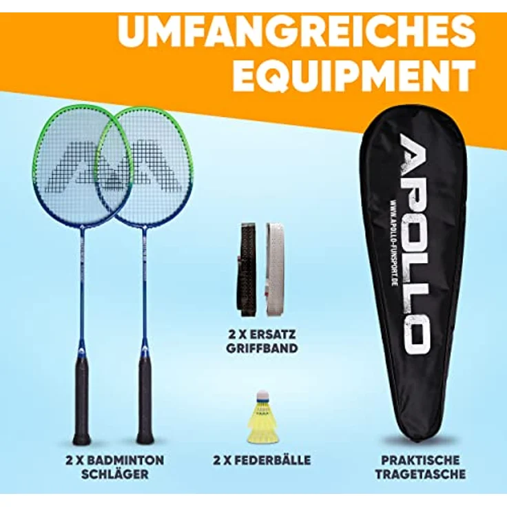 Apollo Badminton Set | Carbon Profi Badmintonschläger | Leichtgewicht Badminton Schläger | Federballschläger Set für Training, Sport und Unterhaltung mit Schlägertasche | Federball Set Kinder – Bild 4